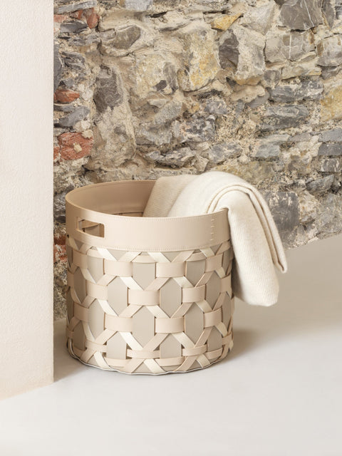 Rabitti 1969 Palù Round Multicolor Saddle Leather Storage Basket | Elegant and Functional Storage Solution | Crafted with High-Quality Saddle Leather | Handles for Convenient Use | Explore a Range of Luxury Home Accessories at 2Jour Concierge, #1 luxury high-end gift & lifestyle shop
