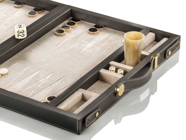 Arcahorn Lepanto Dark Brown Tosca Leather Backgammon Set with Beige Stitching | Nabuk Leather Playing Surface | Glossy Horn Stones | 24K Gold Plated Brass Accessories | Explore a Range of Luxury Board Games at 2Jour Concierge, #1 luxury high-end gift & lifestyle shop