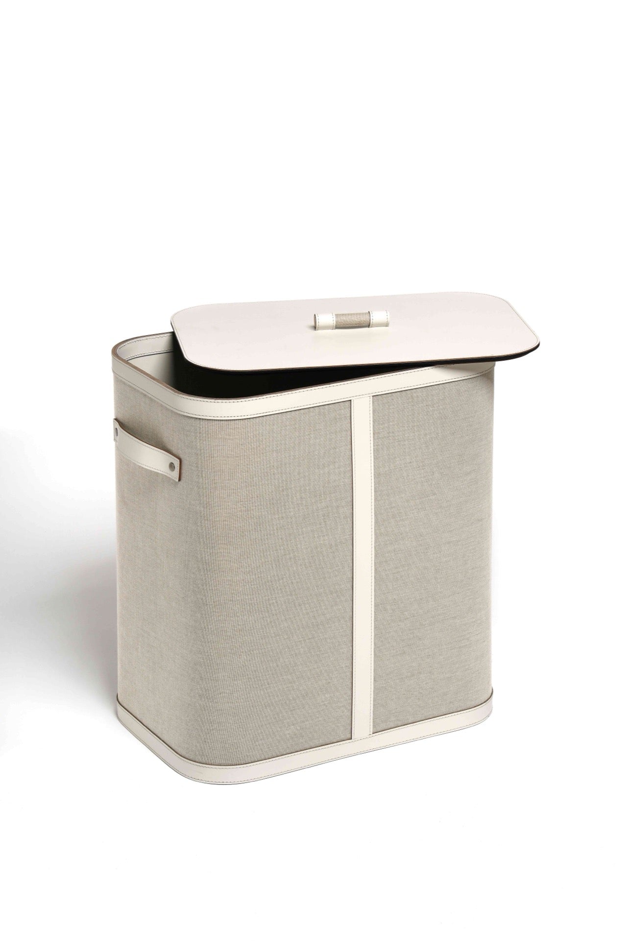 Pinetti Penelope | Recycled Leather & Cotton Baskets: Regenerated leather with ecru cotton exterior, available in multiple shapes and sizes with or without lids | Storage & Home Accessories / Baskets | 2Jour Concierge, your luxury lifestyle shop | luxury interiors, refined living, sustainable décor, boutique hotels, home organization, eco-luxury design, yacht décor, office décor, hospitality décor