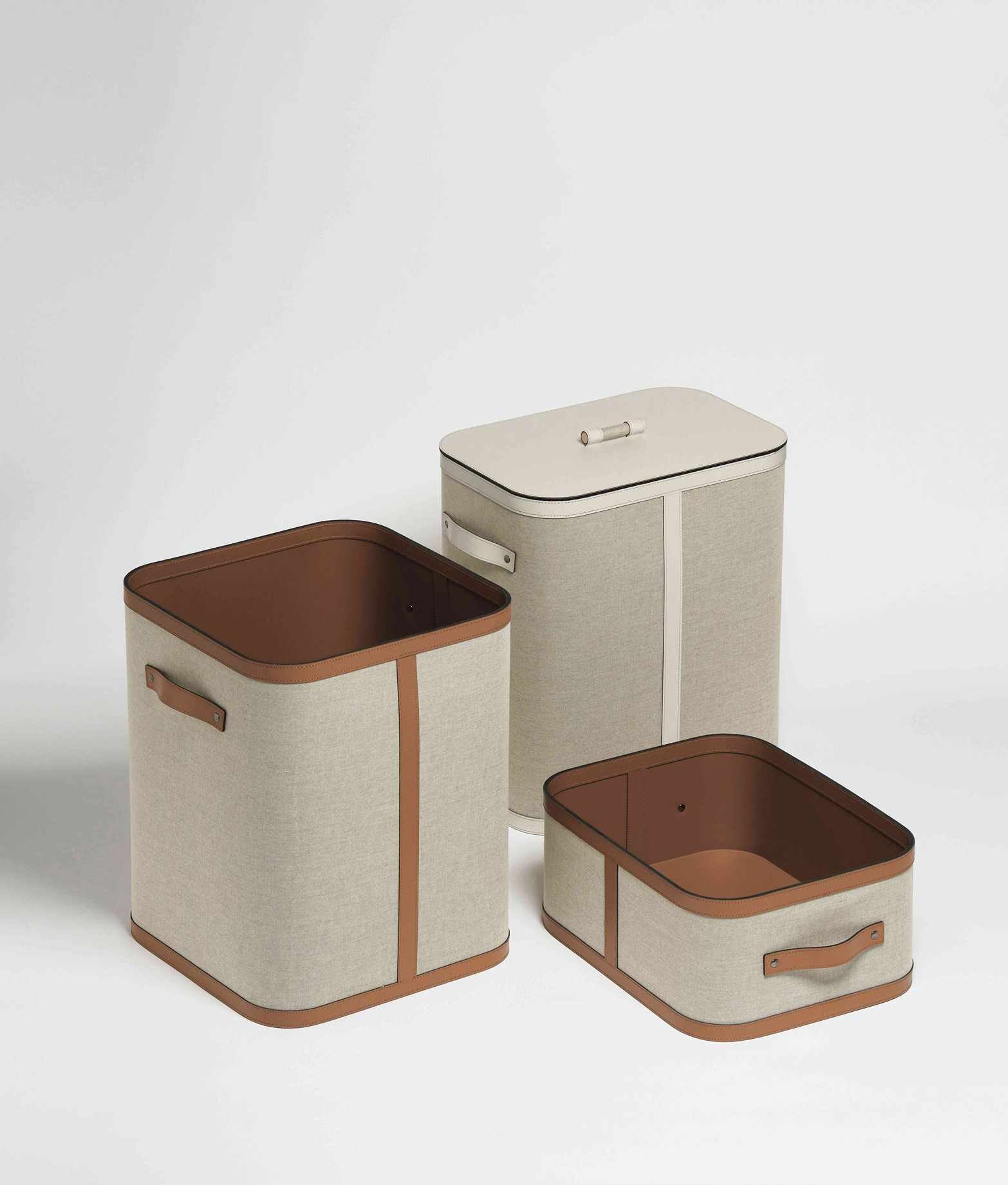 Pinetti Penelope | Recycled Leather & Cotton Baskets: Regenerated leather with ecru cotton exterior, available in multiple shapes and sizes with or without lids | Storage & Home Accessories / Baskets | 2Jour Concierge, your luxury lifestyle shop | luxury interiors, refined living, sustainable décor, boutique hotels, home organization, eco-luxury design, yacht décor, office décor, hospitality décor