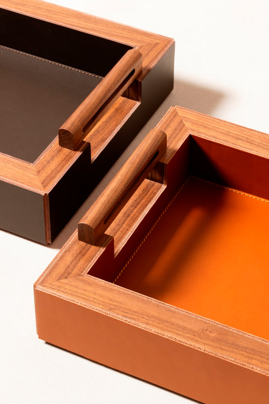 Rabitti 1969 Toiles De Noyer Rectangular Tray | Solid walnut wood tray with saddle leather inserts for understated sophistication | Perfect balance of form and function | Home Decor | 2Jour Concierge, your luxury lifestyle shop