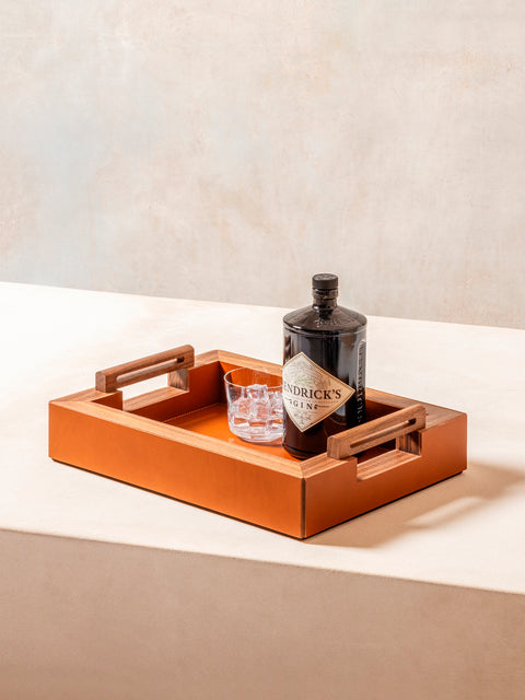 Rabitti 1969 Toiles De Noyer Rectangular Tray | Solid walnut wood tray with saddle leather inserts for understated sophistication | Perfect balance of form and function | Home Decor | 2Jour Concierge, your luxury lifestyle shop