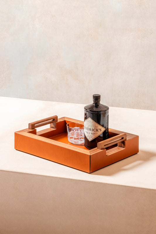 Rabitti 1969 Toiles De Noyer Rectangular Tray | Solid walnut wood tray with saddle leather inserts for understated sophistication | Perfect balance of form and function | Home Decor | 2Jour Concierge, your luxury lifestyle shop