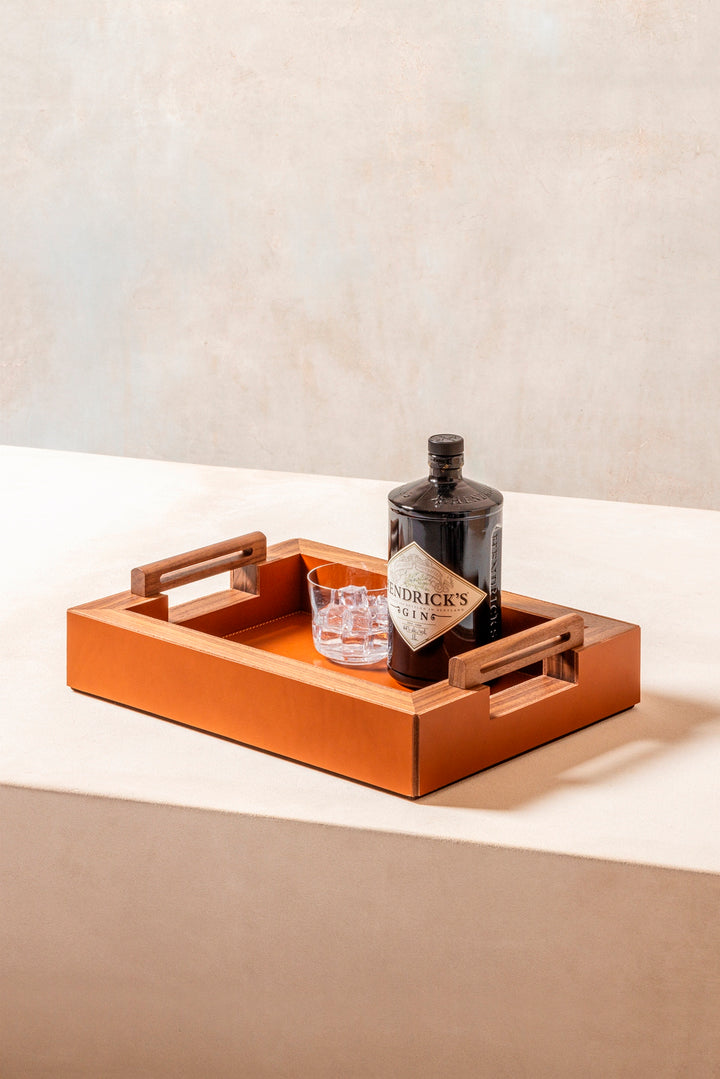 Rabitti 1969 Toiles De Noyer Rectangular Tray | Solid walnut wood tray with saddle leather inserts for understated sophistication | Perfect balance of form and function | Home Decor | 2Jour Concierge, your luxury lifestyle shop