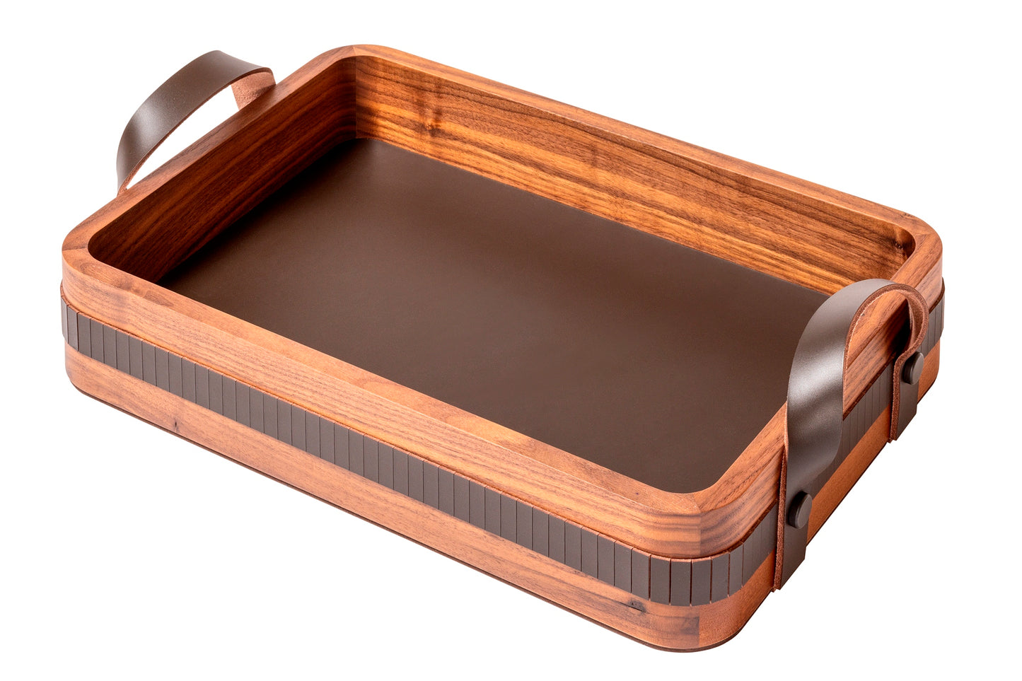 Toiles de Noyer Walnut and Leather Tray, Rectangular Rounded with Handles