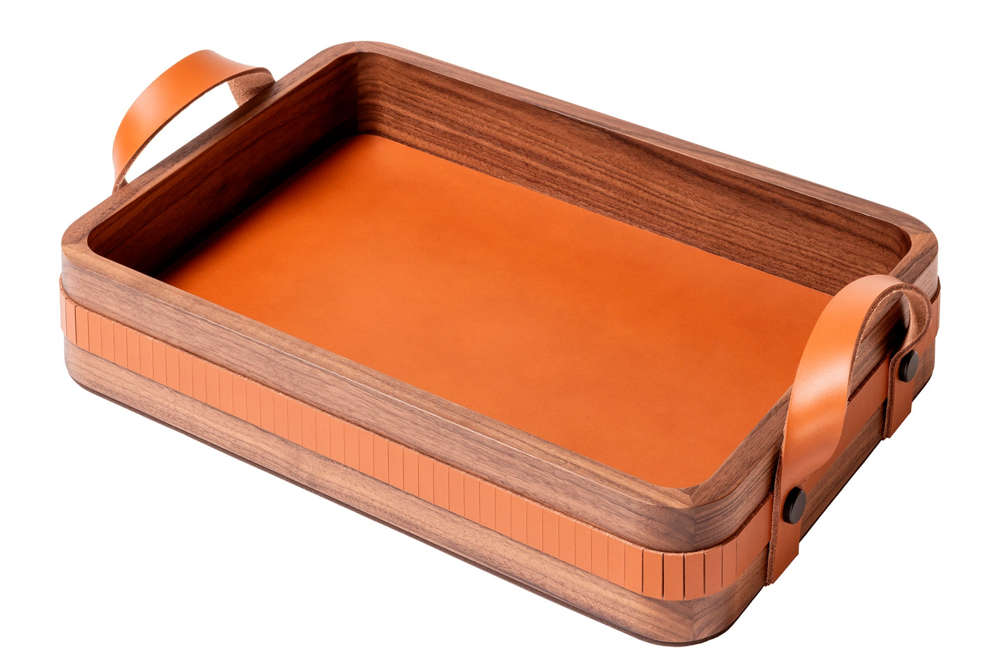 Toiles de Noyer Walnut and Leather Tray, Rectangular Rounded with Handles