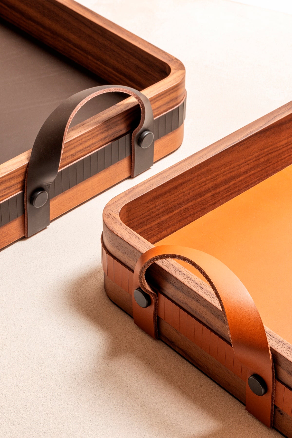 Toiles de Noyer Walnut and Leather Tray, Rectangular Rounded with Handles