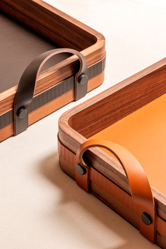 Toiles de Noyer Walnut and Leather Tray, Rectangular Rounded with Handles