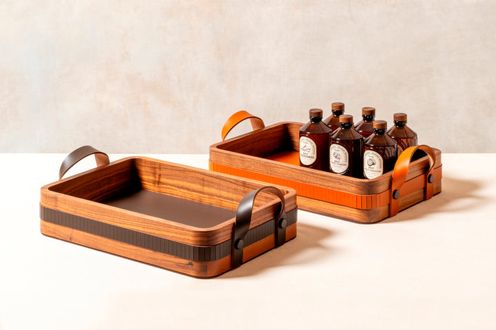 Toiles de Noyer Walnut Wood and Saddle Leather Tray, Rectangular Rounded with Handles