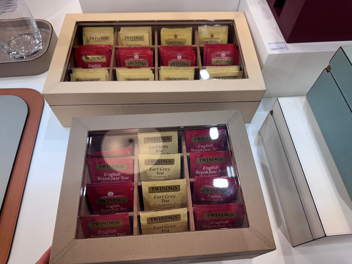 Leather-Covered Cedar Tea Box Organizer with Transparent Plexiglass Lid