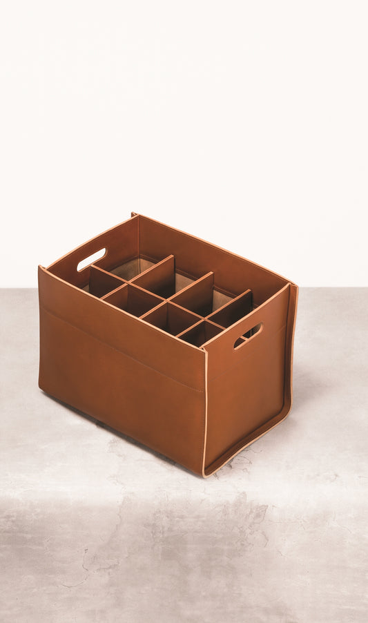 Rabitti 1969 Delta Saddle Leather Storage Basket With Dividers and Handles | Elegant and Functional Storage Solution | Crafted with High-Quality Saddle Leather | Eight Dividers Inside for Enhanced Organization | Ideal for Shoes' Storage | Explore a Range of Luxury Home Accessories at 2Jour Concierge, #1 luxury high-end gift & lifestyle shop