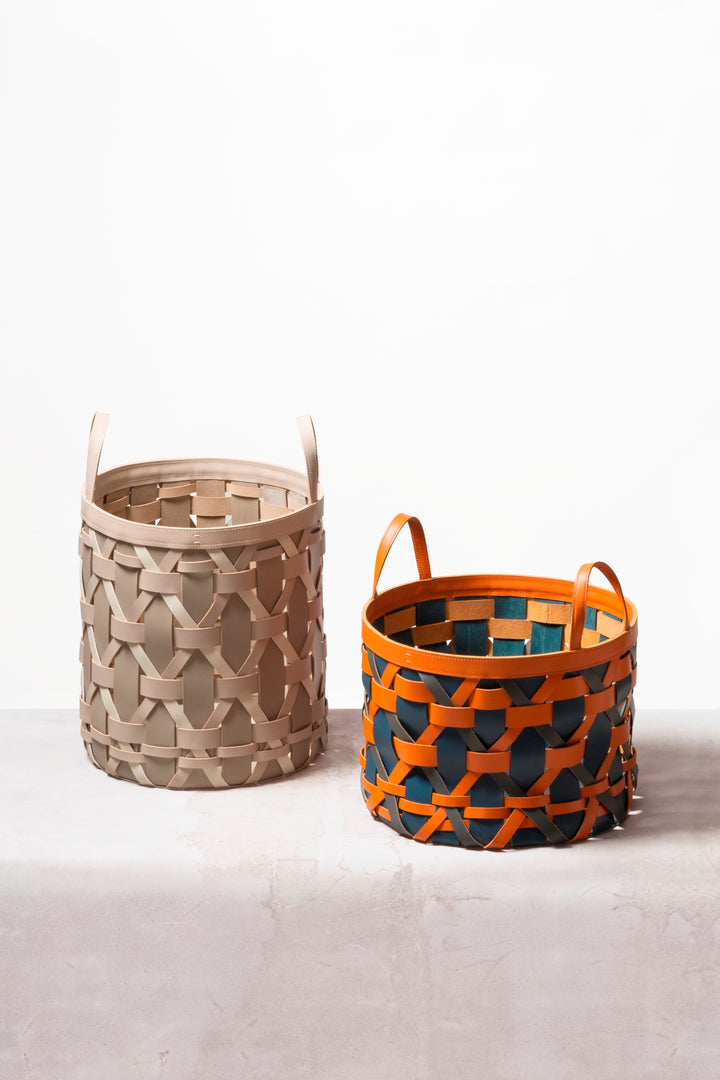 Rabitti 1969 Palù Round Multicolor Saddle Leather Storage Basket | Elegant and Functional Storage Solution | Crafted with High-Quality Saddle Leather | Handles for Convenient Use | Explore a Range of Luxury Home Accessories at 2Jour Concierge, #1 luxury high-end gift & lifestyle shop