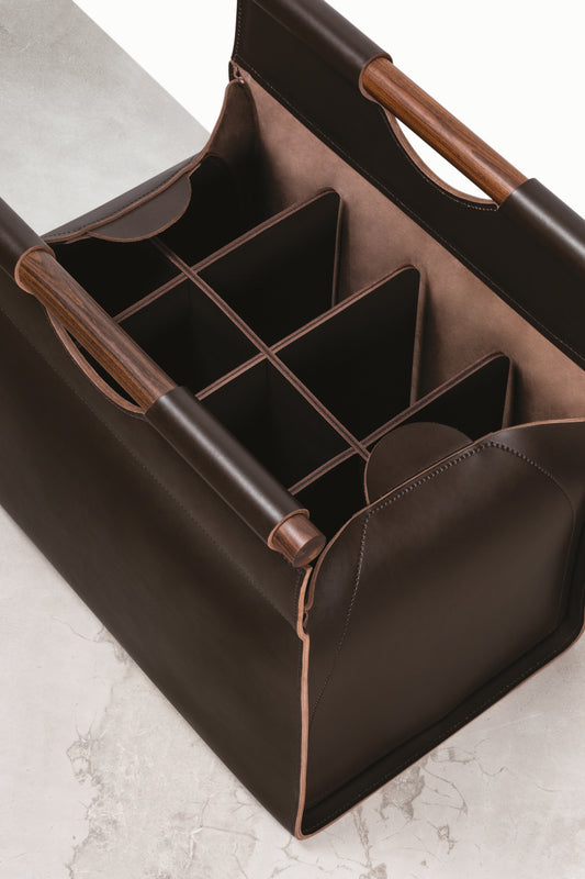 Riviere Jota | Rectangular Basket: Saddle leather with polished handles, offered in two versions — open interior or divided compartments — designed for elegant organisation and display | Storage / Storage Baskets & Boxes | 2Jour Concierge, your luxury lifestyle shop | luxury interiors, hospitality décor, elegant living, designer home accessories, boutique hotels, refined lifestyle, yacht décor, executive interiors