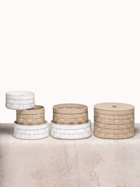 Rabitti 1969 Mondina Round Woven Saddle Leather Storage Basket (Tall) | Elegant and Functional Storage Solution | Crafted with High-Quality Saddle Leather | Explore a Range of Luxury Home Accessories at 2Jour Concierge, #1 luxury high-end gift & lifestyle shop