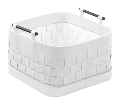 Ravenna Aufbewahrungskorb aus geflochtenem Leder, quadratisch, niedrig, mit Griffen aus gebürsteter Bronze