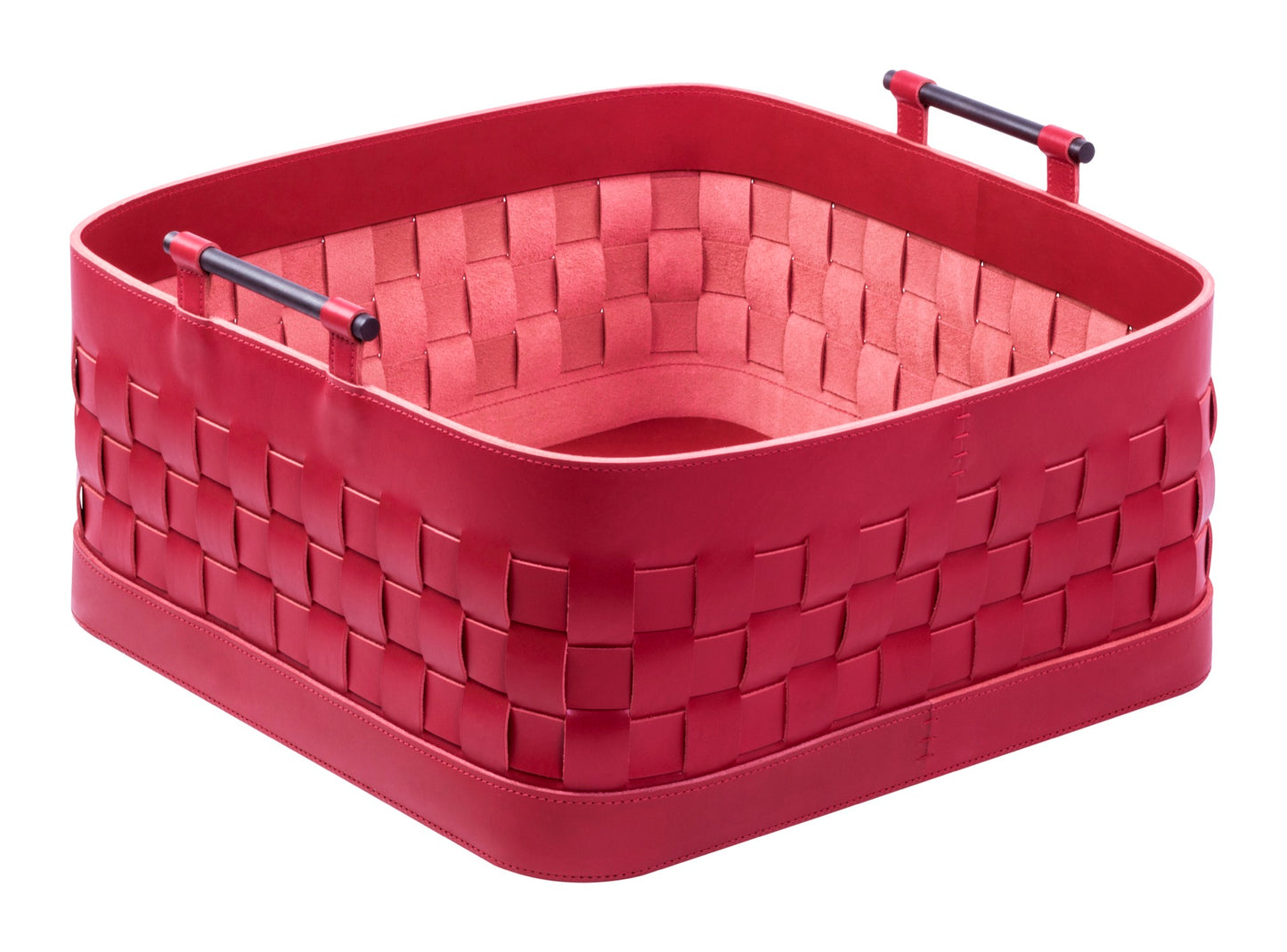 Ravenna Aufbewahrungskorb aus geflochtenem Leder, quadratisch, niedrig, mit Griffen aus gebürsteter Bronze