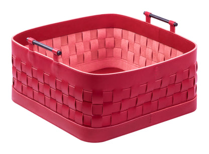 Ravenna Aufbewahrungskorb aus geflochtenem Leder, quadratisch, niedrig, mit Griffen aus gebürsteter Bronze