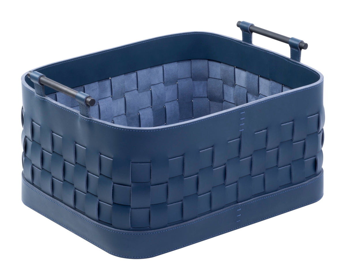 Ravenna Braided Saddle Leather Storage Basket, Rectangular with Brushed Bronze Handles