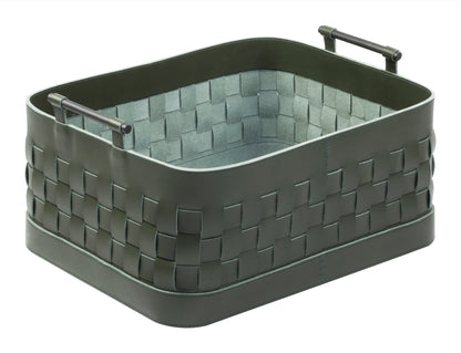 Ravenna Braided Saddle Leather Storage Basket, Rectangular with Brushed Bronze Handles