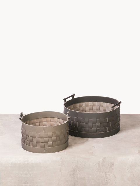 Rabitti 1969 Ravenna Round Braided Leather Storage Basket | Elegant and Functional Storage Solution | Crafted with High-Quality Leather | Brushed Bronze Handles for a Touch of Luxury | Explore a Range of Luxury Home Accessories at 2Jour Concierge, #1 luxury high-end gift & lifestyle shop