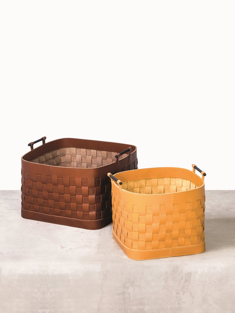 Rabitti 1969 Ravenna Square Braided Leather Storage Basket | Elegant and Functional Storage Solution | Crafted with High-Quality Leather | Brushed Bronze Handles for a Touch of Luxury | Explore a Range of Luxury Home Accessories at 2Jour Concierge, #1 luxury high-end gift & lifestyle shop