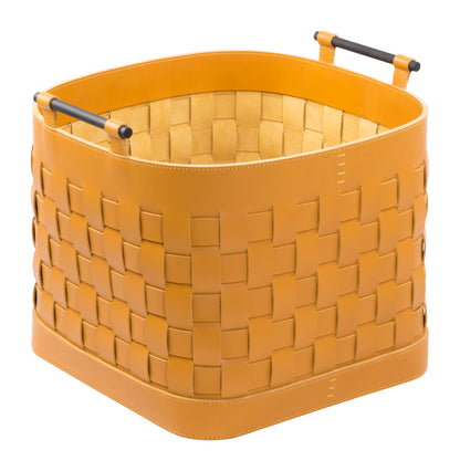 Ravenna Braided Leather Storage Basket, Square Tall with Brushed Bronze Handles