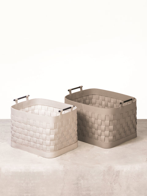 Ravenna Braided Leather Storage Basket, Rectangular Low with Brushed Bronze Handles