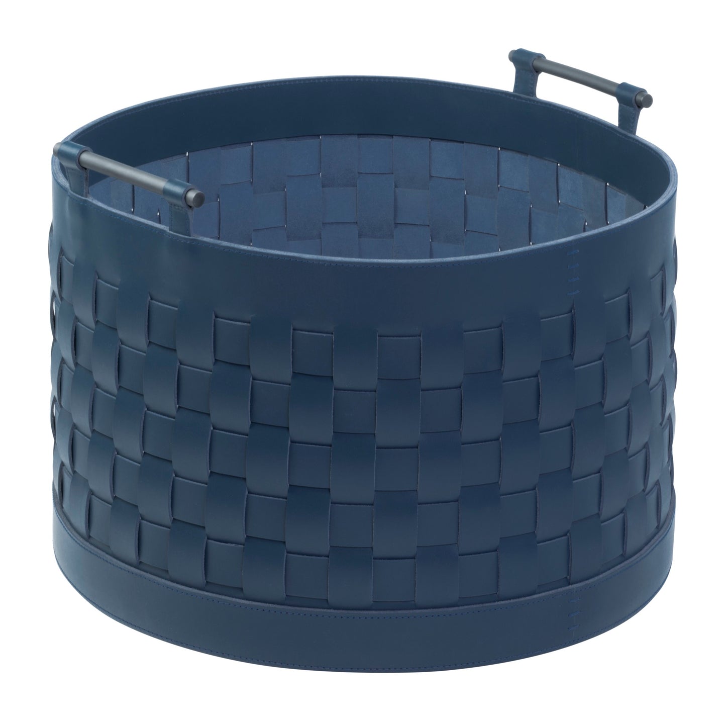 Ravenna Braided Leather Storage Basket, Round Tall with Brushed Bronze Handles