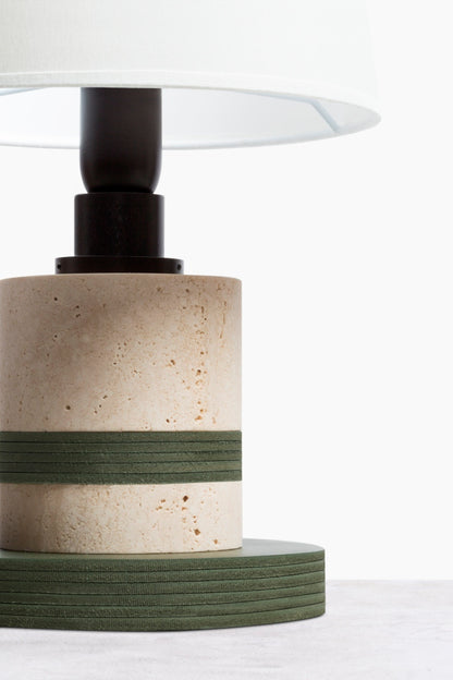 Luxor Table Lamp by Rabitti 1969 | Dark-Stained Metal Structure with Saddle Leather and Stone Discs | Fine Linen Lampshade | Designed by Simone Fanciullacci | Explore a Range of Luxury Lighting Options at 2Jour Concierge, #1 luxury high-end gift & lifestyle shop