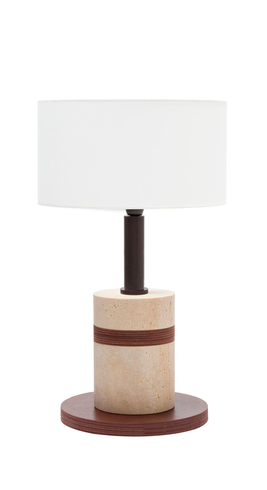 Luxor Table Lamp by Rabitti 1969 | Dark-Stained Metal Structure with Saddle Leather and Stone Discs | Fine Linen Lampshade | Designed by Simone Fanciullacci | Explore a Range of Luxury Lighting Options at 2Jour Concierge, #1 luxury high-end gift & lifestyle shop