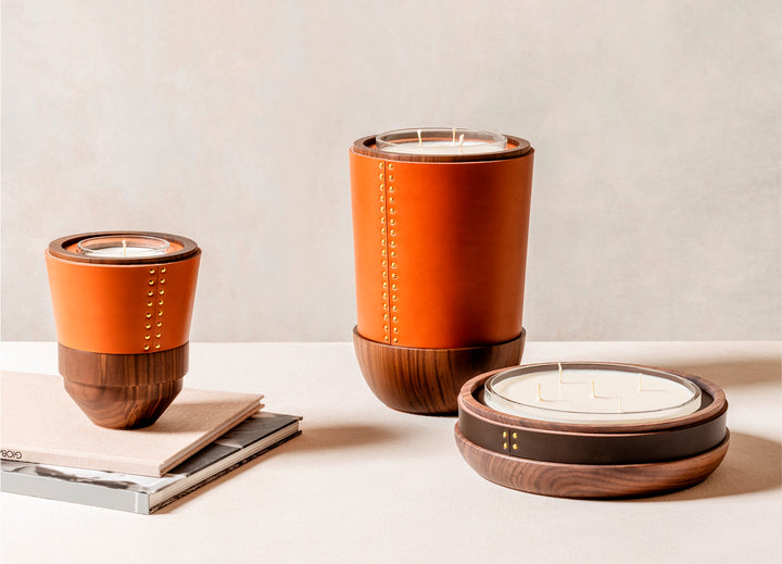 Rabitti 1969 Toiles De Noyer Candle Holders | Crafted from rich walnut wood with fine saddle leather inserts and golden tack details | Available in three sizes for versatile decor | Home Decor | 2Jour Concierge, your luxury lifestyle shop