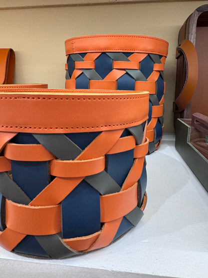 Palù Round Multicolor Saddle Leather Storage Basket with Handles