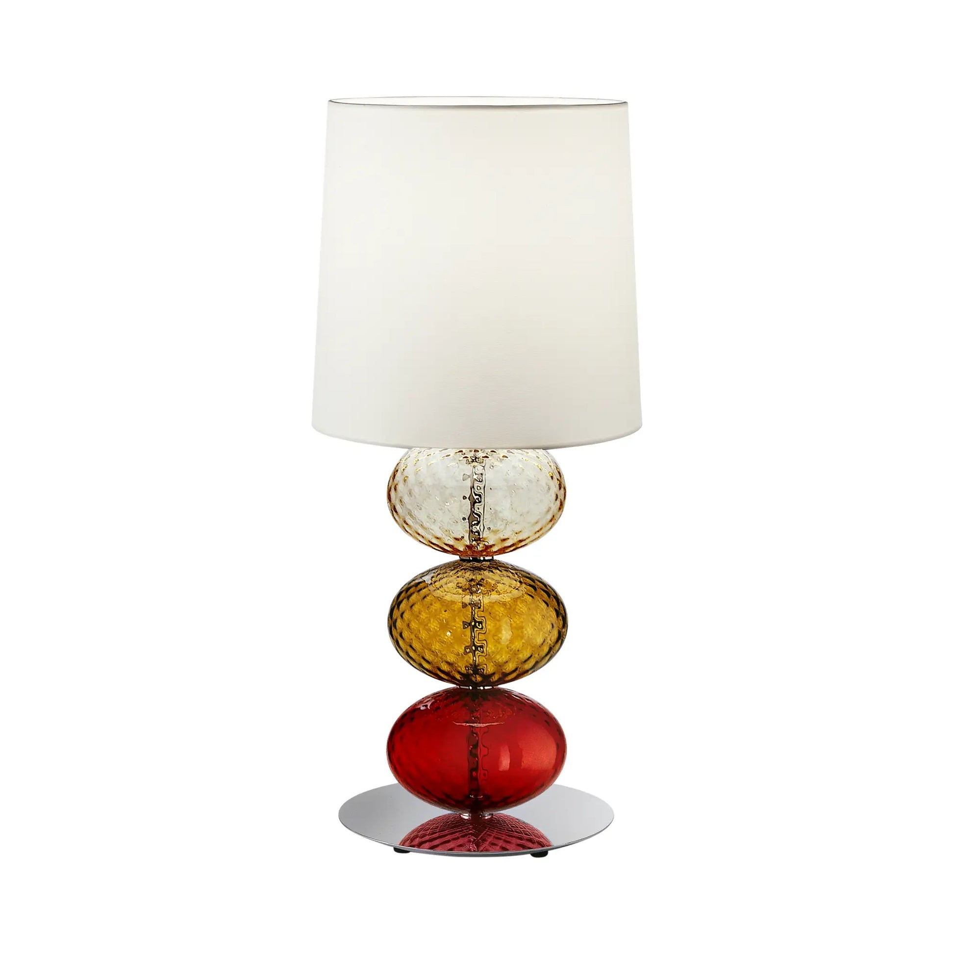 Abat-Jour Lamp by Venini | Stem features spheres capturing light reflections with surface texture from the ancient "balloton" technique | Table lamp adorned with one to three blown glass "balloton" elements in various colors | Base available in chrome-plated or black nickel metal | White fabric lampshade | Home Decor Lighting | 2Jour Concierge, your luxury lifestyle shop