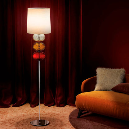 Abat-Jour Murano Glass Floor Lamp by Venini | Floor lamp featuring chrome-plated metal shaft adorned with three blown glass elements using the "Balloton" technique | Lampshade made of white fabric | | Home Decor Lighting | 2Jour Concierge, your luxury lifestyle shop
