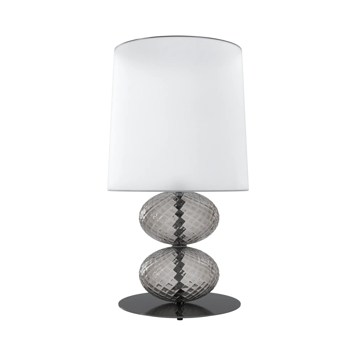 Abat-Jour Lamp by Venini | Stem features spheres capturing light reflections with surface texture from the ancient "balloton" technique | Table lamp adorned with one to three blown glass "balloton" elements in various colors | Base available in chrome-plated or black nickel metal | White fabric lampshade | Home Decor Lighting | 2Jour Concierge, your luxury lifestyle shop