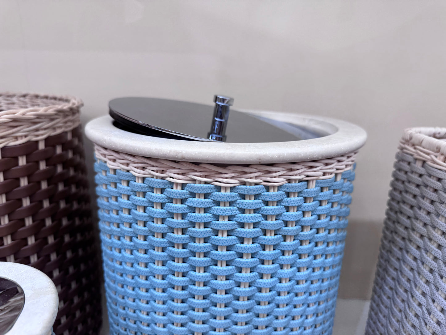 Courbet Leather & Rattan Travertine Marble Bin With Lid