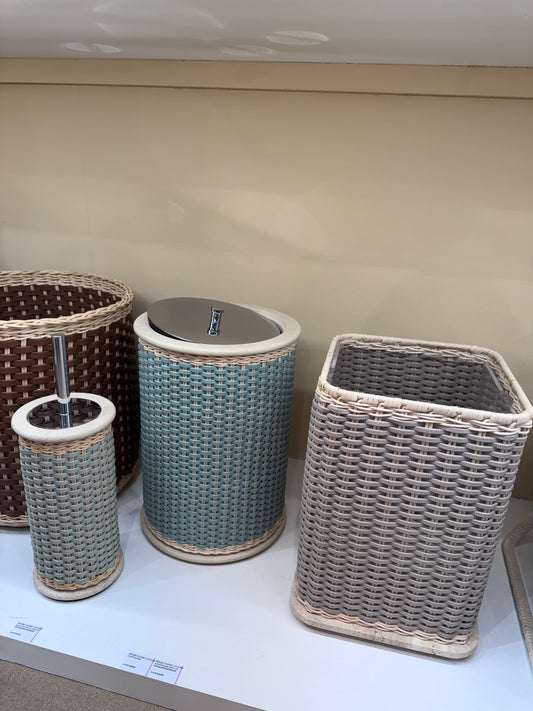 Courbet Leather & Rattan Travertine Marble Bin With Lid