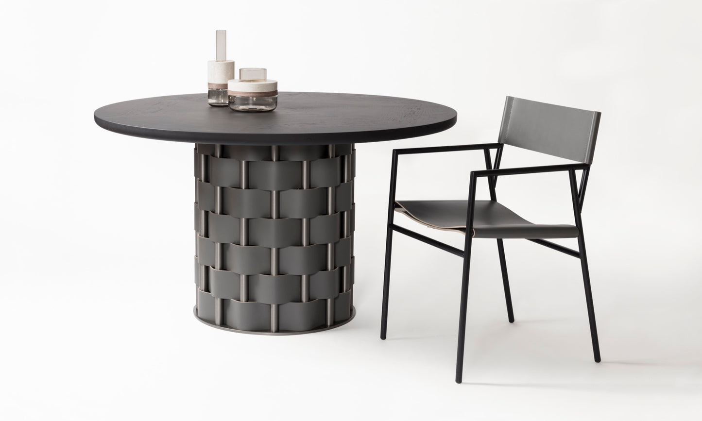 Belvedere Walnut Wood and Saddle Leather Table, Round