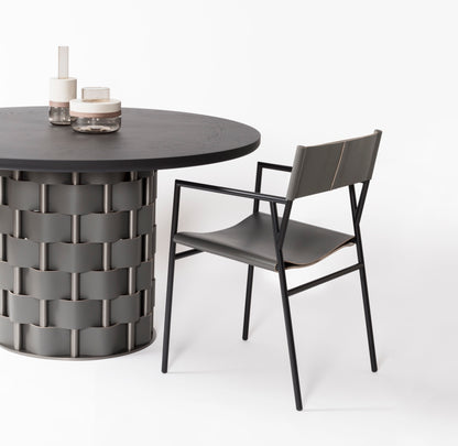 Belvedere Walnut Wood and Saddle Leather Table, Round