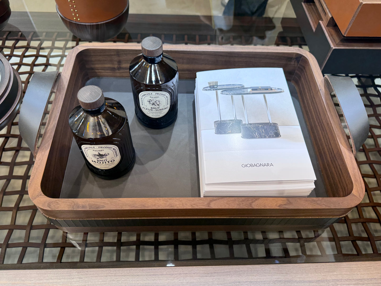 Toiles de Noyer Walnut and Leather Tray, Rectangular Rounded with Handles