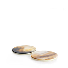 Chelsea Horn and Wood Round Coaster with Lacquered Ivory Gloss Finish (Set of 2)