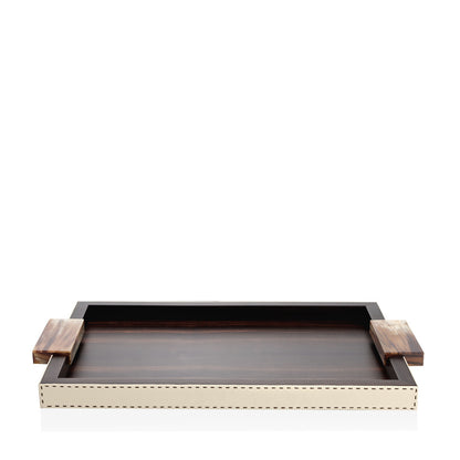 Arcahorn Gioele Tray | Matte Amara Ebony Veneer | Aida Pebbled Leather in Ice Cream with Handmade Dark Brown Stitching | Glossy Horn Handles | Ideal for Yacht or Office Decor | Explore Luxury Home Accessories at 2Jour Concierge, #1 luxury high-end gift & lifestyle shop