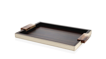 Arcahorn Gioele Tray | Matte Amara Ebony Veneer | Aida Pebbled Leather in Ice Cream with Handmade Dark Brown Stitching | Glossy Horn Handles | Ideal for Yacht or Office Decor | Explore Luxury Home Accessories at 2Jour Concierge, #1 luxury high-end gift & lifestyle shop