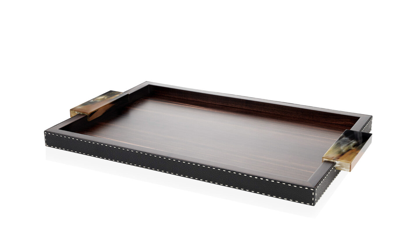 Arcahorn Gioele Tray | Matte Amara Ebony Veneer | Aida Pebbled Leather in Onyx with Handmade Ivory Stitching | Glossy Horn Handles | Perfect for Yacht or Office Decor | Discover Luxury Home Accessories at 2Jour Concierge, #1 luxury high-end gift & lifestyle shop