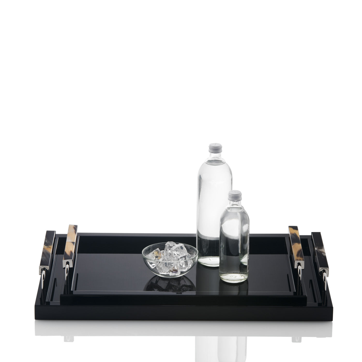 Isacco Tray by Arcahorn | Tray in wood with lacquered black gloss finish | Handles in dark horn and chromed brass | Home Decor and Serveware | 2Jour Concierge, your luxury lifestyle shop