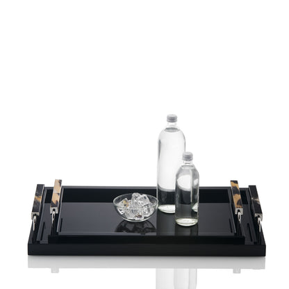 Isacco Tray by Arcahorn | Tray in wood with lacquered black gloss finish | Handles in dark horn and chromed brass | Home Decor and Serveware | 2Jour Concierge, your luxury lifestyle shop