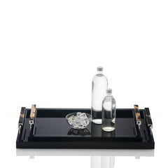 Isacco Wood Tray with Lacquered Black Gloss Finish, Handles in Dark Horn