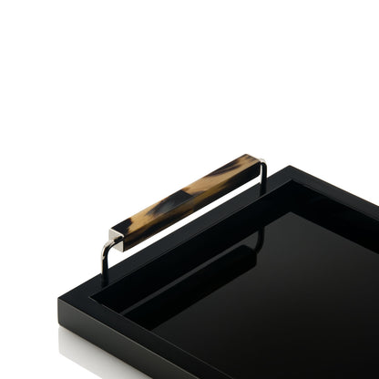 Isacco Tray by Arcahorn | Tray in wood with lacquered black gloss finish | Handles in dark horn and chromed brass | Home Decor and Serveware | 2Jour Concierge, your luxury lifestyle shop