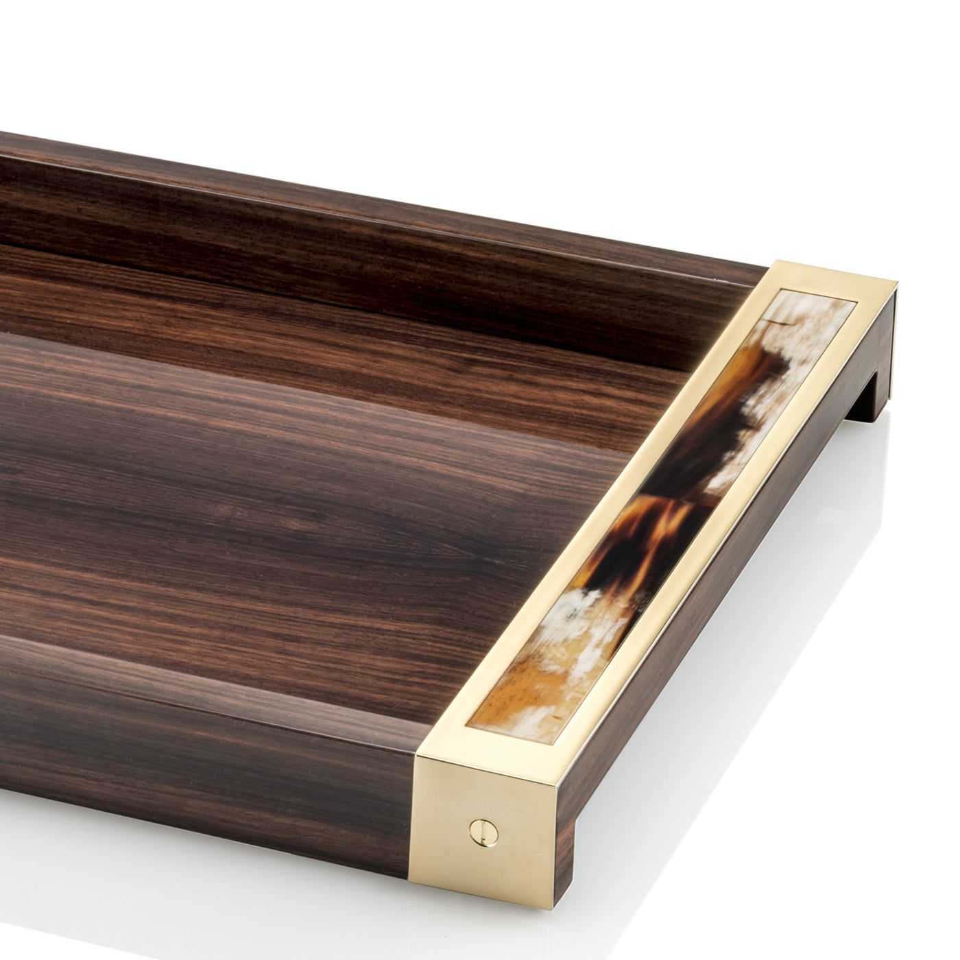 Mida Tray by Arcahorn | Amara ebony veneer with gloss finish | Details in horn and 24k gold plated brass | Exposed screws for decorative accent | Home Decor and Serveware | 2Jour Concierge, your luxury lifestyle shop