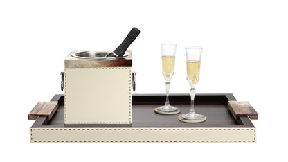 Nives Glossy Horn Champagne Bucket with Ivory Leather & Stainless Steel Handles